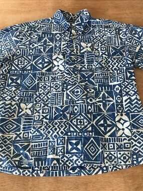 Ono Hawaiian Shirt Men L Blue Geometric Tribal 1/4 Button Up Pullover Pocket